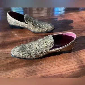 Men\'s Gold Spike Rhinestone Classic Smoking Dress Fashion Loafers Slip Ons 9.5 Men main image 4